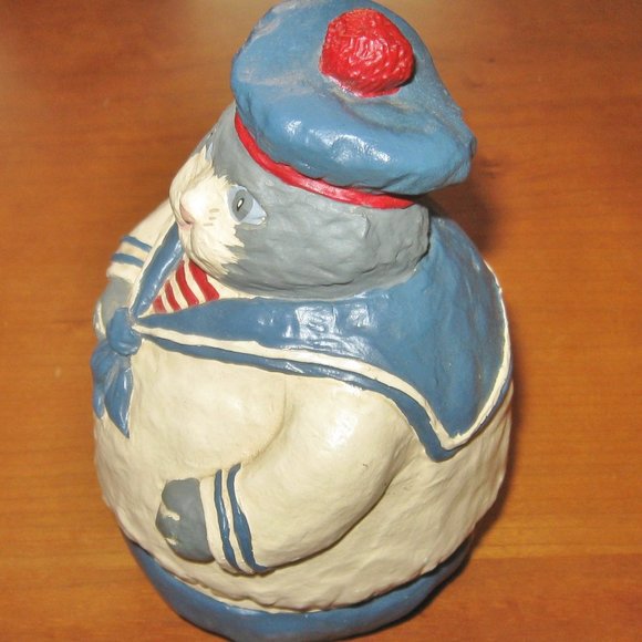Meow! French Sailor Fat Cat Vintage Handcrafted Painted Pottery Cat Decor - Picture 2 of 8